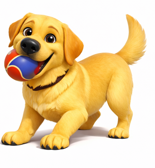 Cartoon depiction of a playful golden retriever puppy holding a colorful ball in its mouth.