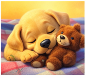 A sleeping puppy cuddling a small brown teddy bear on a colorful blanket.