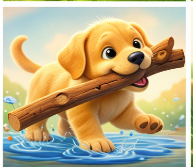 Cute animated puppy carrying a stick in its mouth while walking through water