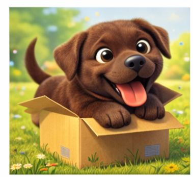 A cute cartoon puppy with big eyes and a happy expression sitting in an open cardboard box in a grassy field with flowers and blurred trees in the background.
