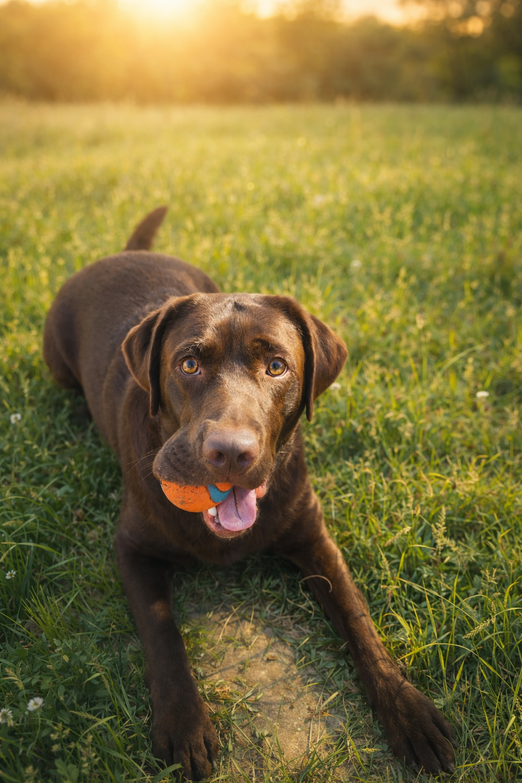 A brown Labrador retriever lying on grass in a field at sunset, holding an orange and blue ball in its mouth, looking directly at the camera.