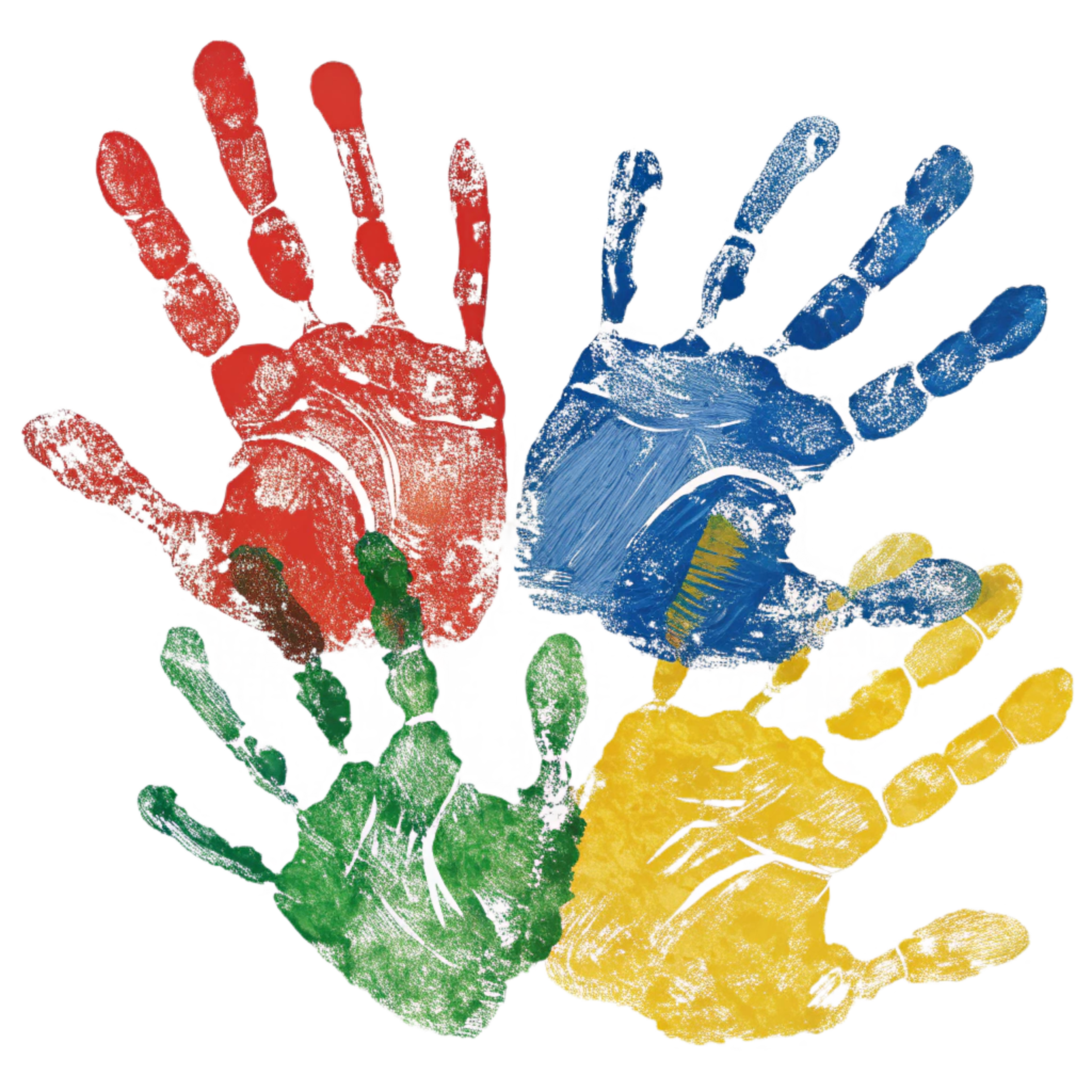Four colorful handprints in red, blue, green, and yellow overlapping on a black background.