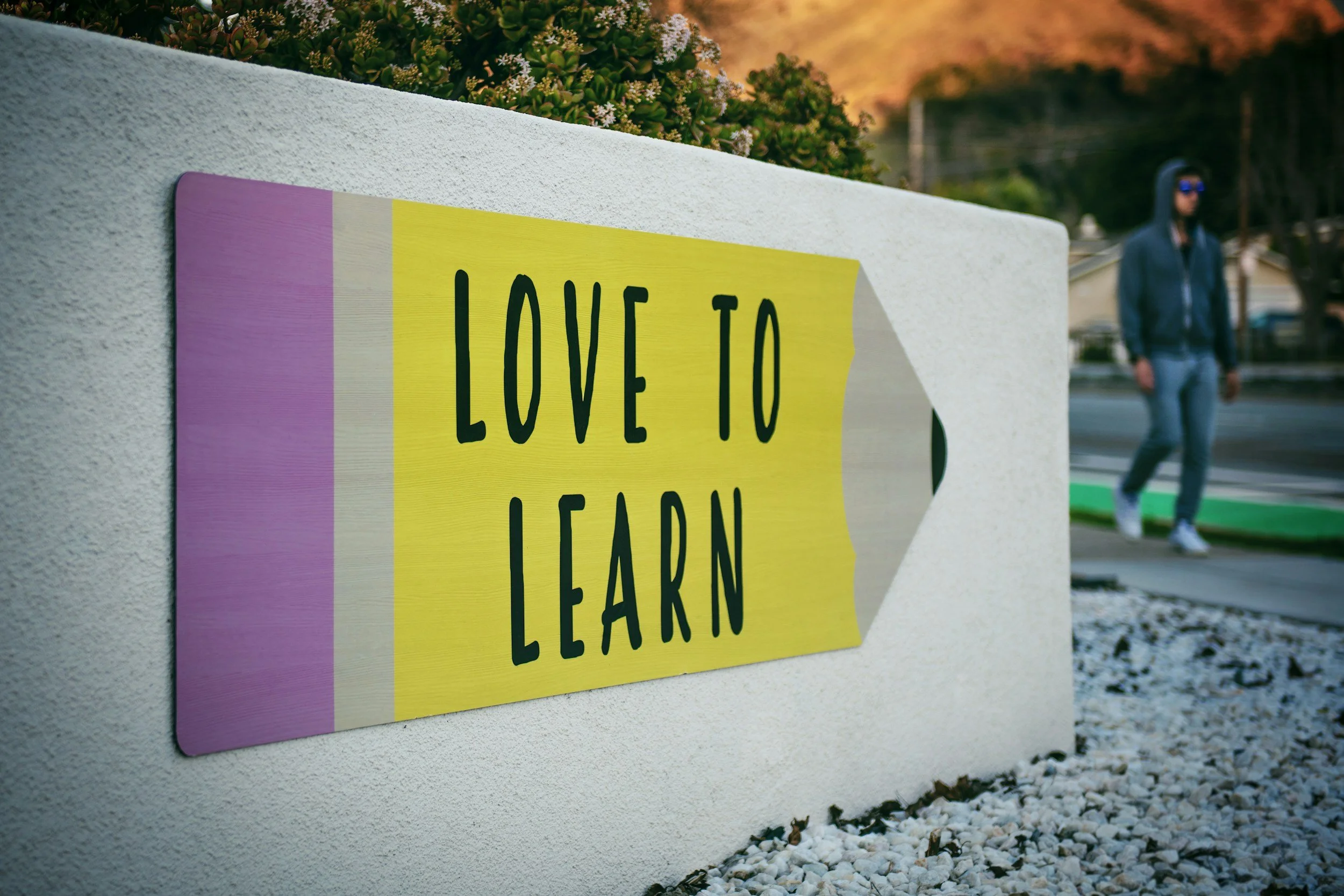 A sign on a white wall with the words 'Love to Learn' written on a yellow background. In the background, a person wearing a hoodie and sunglasses walks along the sidewalk.