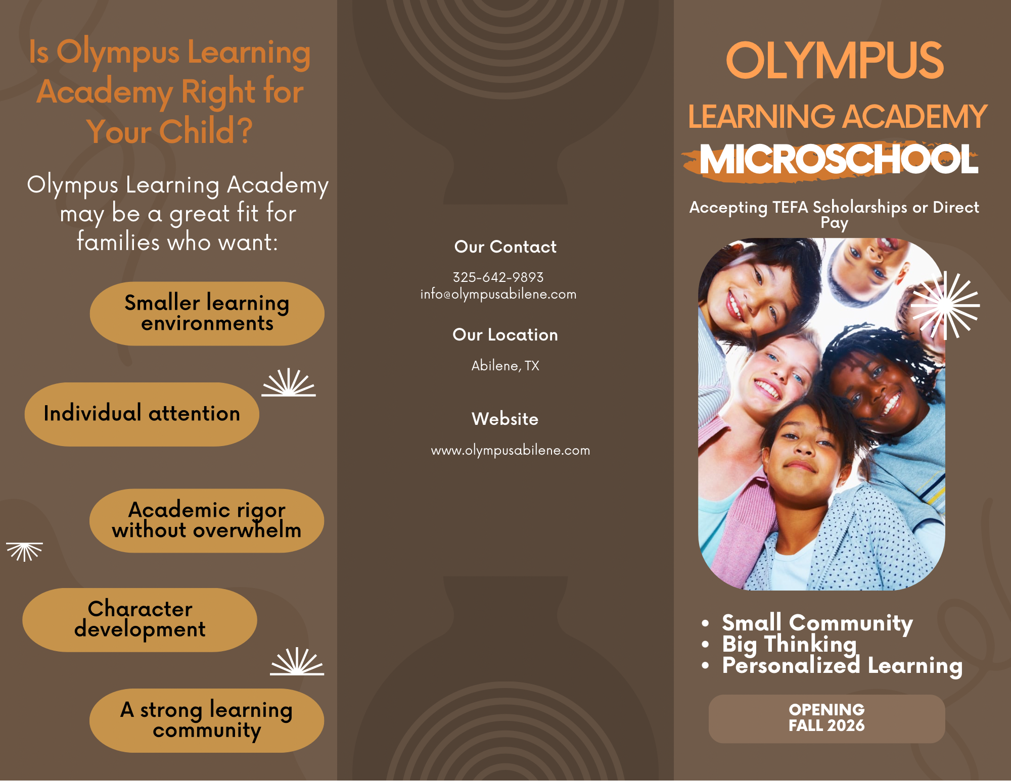 An informational flyer for Olympus Learning Academy MicroSchool, highlighting benefits like smaller learning environments, individual attention, and character development with a photo of diverse children smiling. Contains contact info, location, website, and mentions accepting TEFA scholarships or direct pay, opening fall 2026.