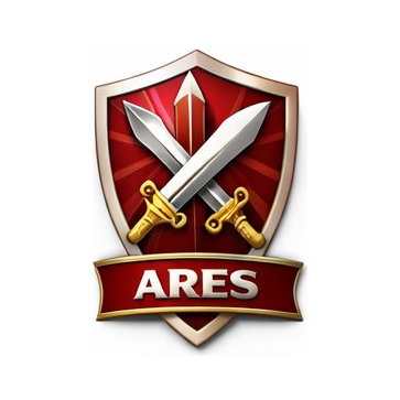 A shield-shaped emblem with a sword and a knife crossed behind it, and a red banner with the word 'ARES' at the bottom.