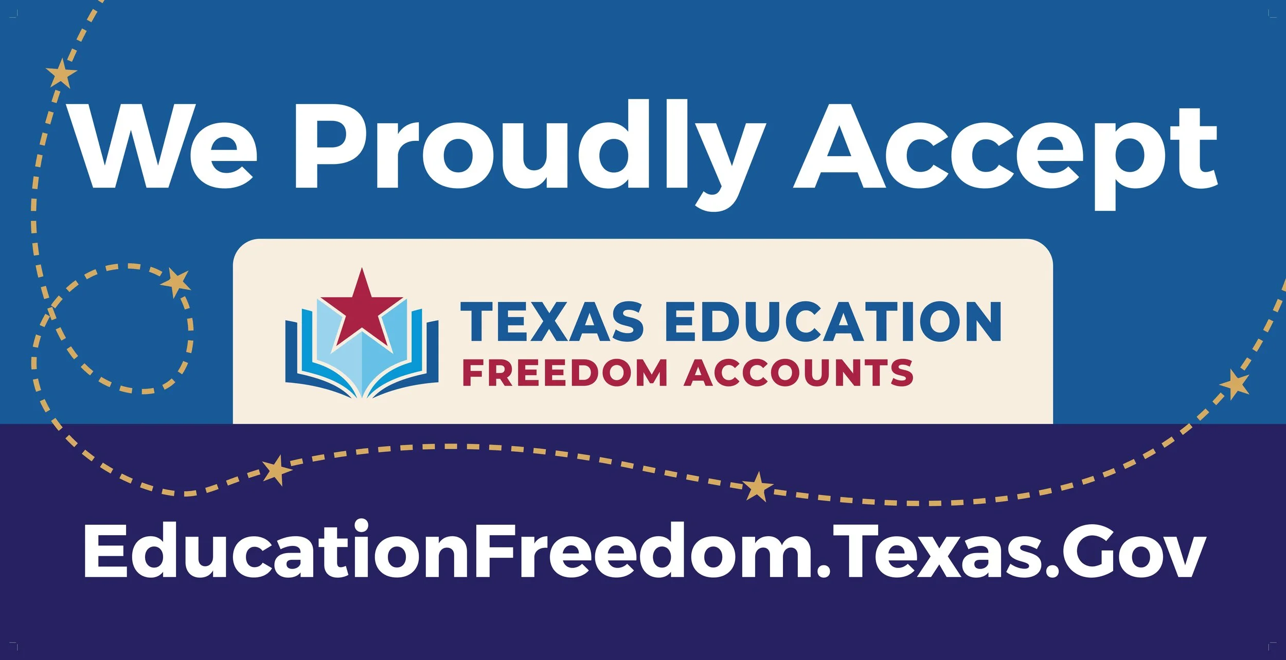 A banner promoting Texas Education Freedom Accounts with a blue background, white text, and a logo featuring an open book with a red star. It includes the URL EducationFreedom.Texas.Gov.