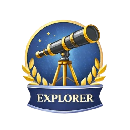 A telescope on a tripod with a starry night background, surrounded by a gold laurel wreath, and a banner that says "EXPLORER".