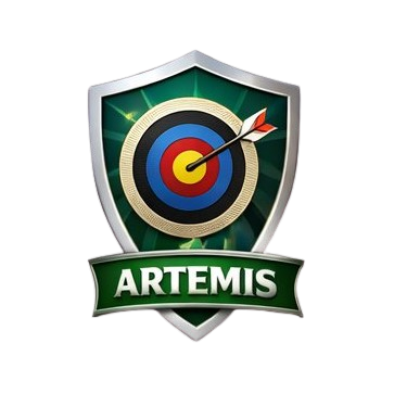 Shield-shaped emblem with a target and arrow, and the word "ARTEMIS" on a green banner at the bottom.