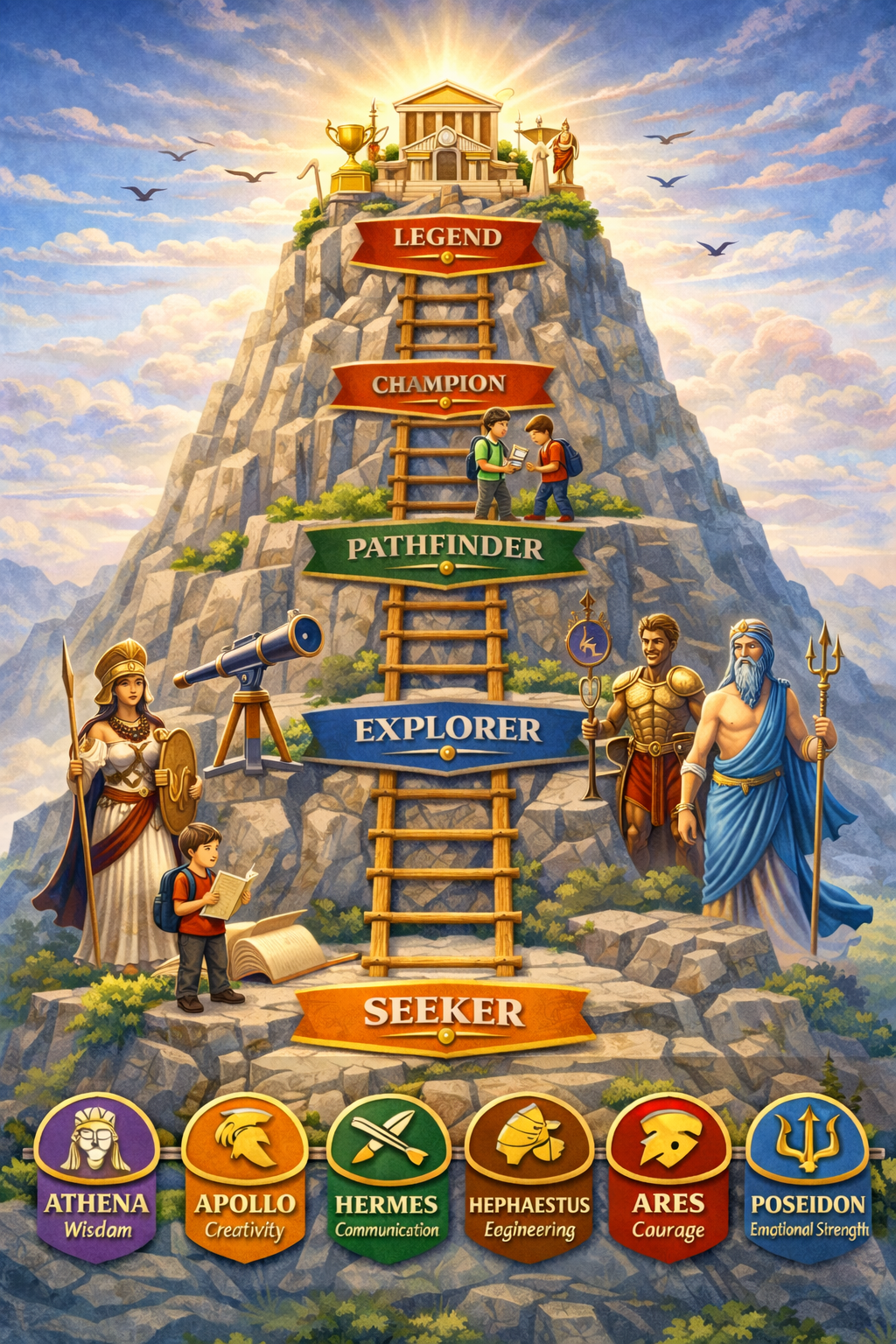 Illustration of a mountain with a temple at the top, surrounded by clouds and birds. A ladder runs up the mountain, with banners reading 'Seeker,' 'Explorer,' 'Pathfinder,' 'Champion,' and 'Legend.' Two children are ascending, holding a tablet. To the left, a girl with a shield and spear, and a boy reading a book. To the right, mythological figures Athena, Apollo, Hermes, Hephaestus, Ares, and Poseidon are depicted with associated traits.