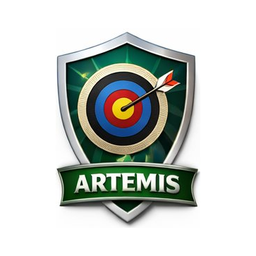 Shield emblem with a target and an arrow hitting the bullseye, with the word 'ARTEMIS' on a green banner below.