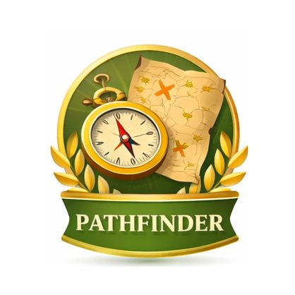 A graphic logo with a gold and green color scheme featuring a compass, a treasure map, and laurel branches, with the word 'Pathfinder' on a green ribbon at the bottom.