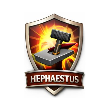 A shield-shaped emblem featuring a gavel or mallet over a stylized fiery background, with the word "HEPHAESTUS" on a banner at the bottom.