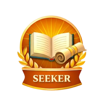 A decorative badge with an open book and scroll, surrounded by laurel branches, with the word 'SEEKER' at the bottom.