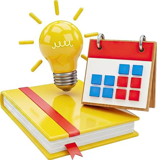Yellow notebook with a red band, a light bulb with yellow rays, and a small calendar with blue and red squares.