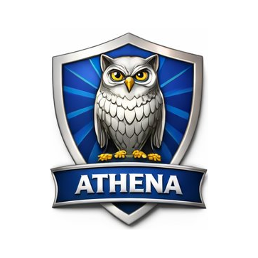 A shield emblem with an owl in the center, and the word