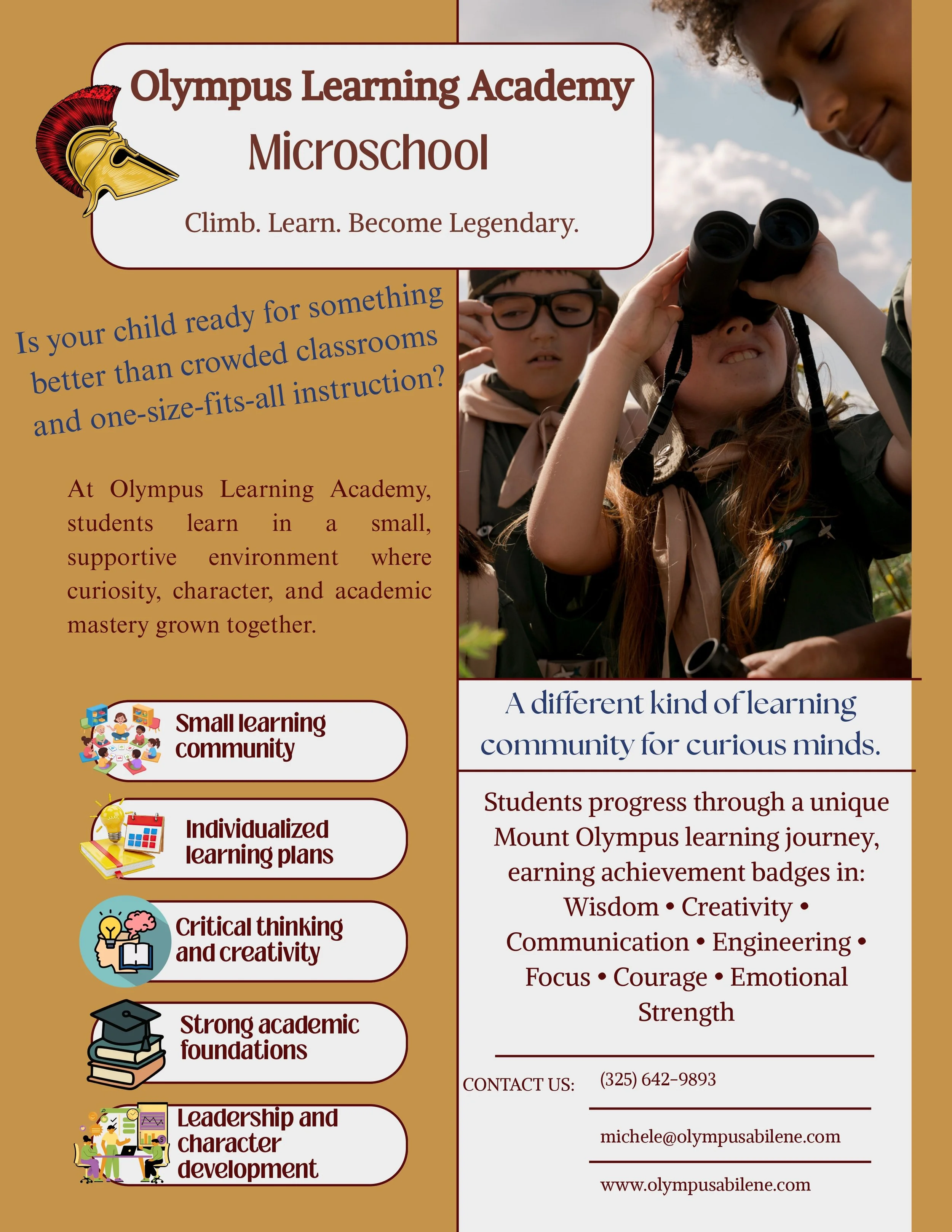 Promotional flyer for Olympus Learning Academy Microschool featuring a group of children outdoors with binoculars, along with icons and text highlights about small learning community, personalized plans, critical thinking, strong foundations, leadership, and contact information.