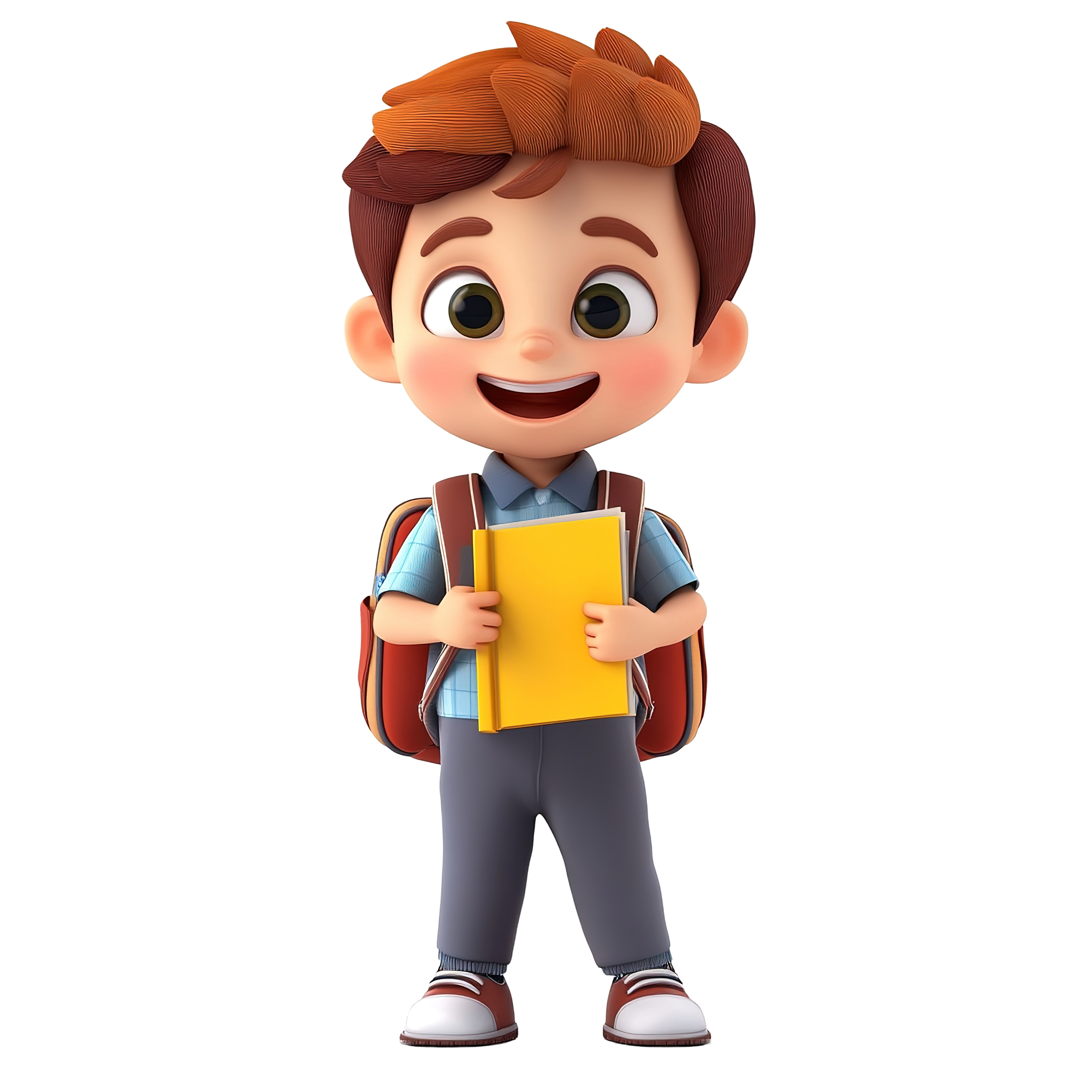 Animated boy with brown hair holding a yellow book, wearing a blue shirt, gray pants, brown shoes, and a backpack.