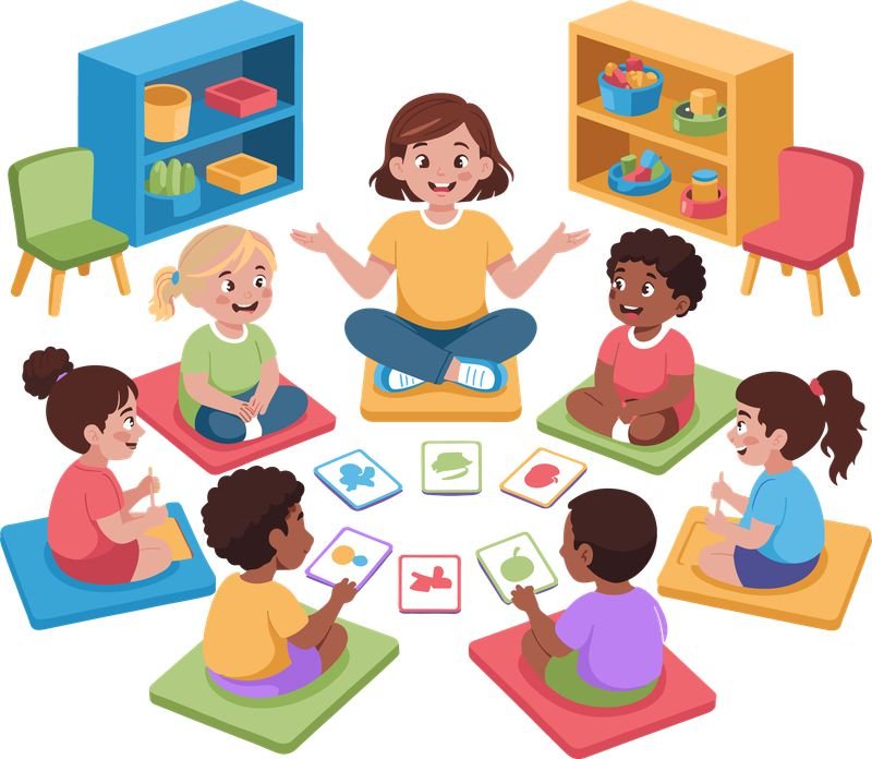 A woman leading a children's educational activity in a classroom with five kids sitting on colorful mats, playing with animal-themed cards.