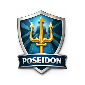 A shield-shaped emblem featuring a trident with three prongs, set against a blue radiating background, with a banner at the bottom displaying the word "POSEIDON."