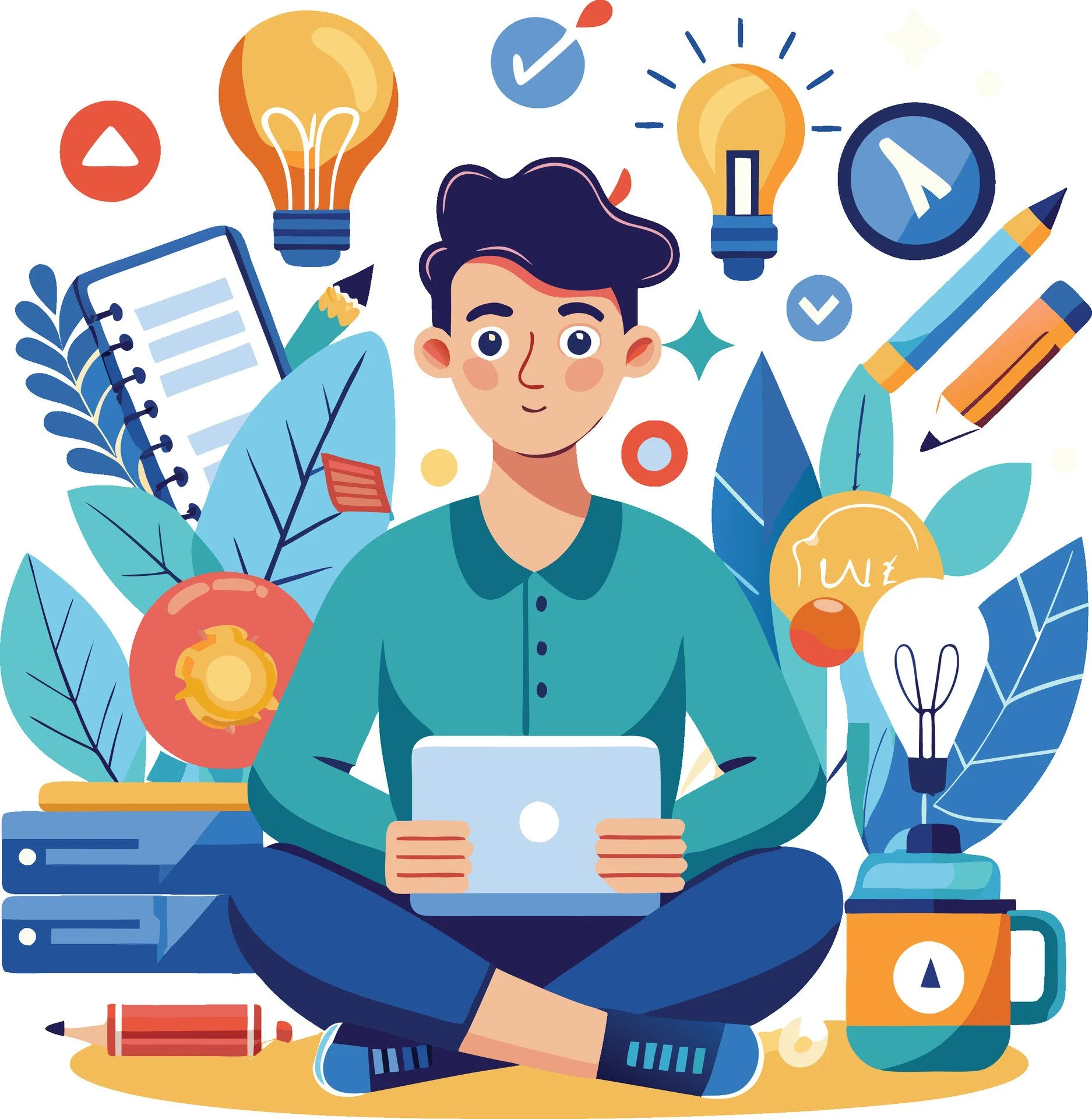 A young person sitting cross-legged holding a tablet, surrounded by office supplies, light bulbs, and leaves, illustrating ideas and creativity.