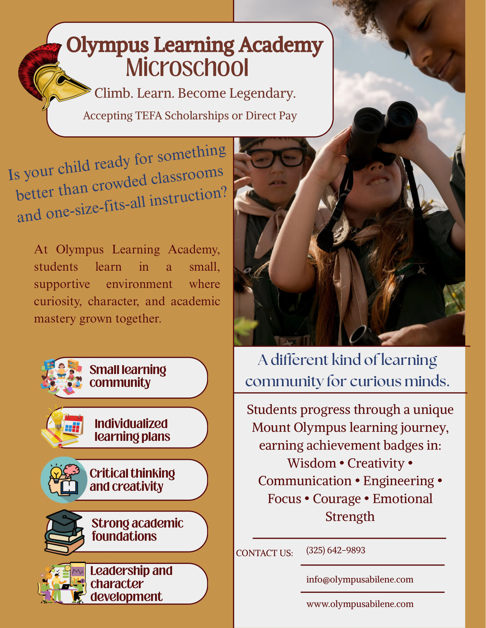 A promotional flyer for Olympus Learning Academy Microschool featuring children in scouting uniforms with binoculars outdoors, and text describing the school's small, supportive learning environment and focus on curiosity and mastery.