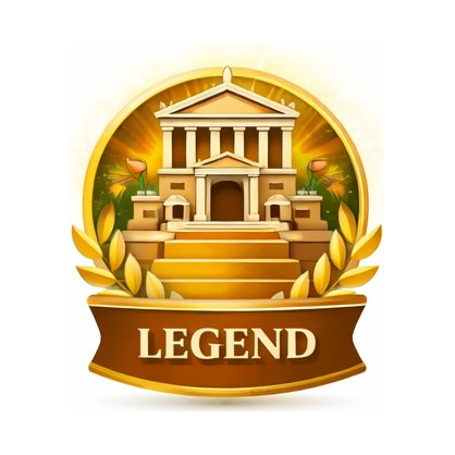 Gold-colored emblem with a classical government building above stairs, decorated with laurel leaves, and a banner reading 'Legend' at the bottom.