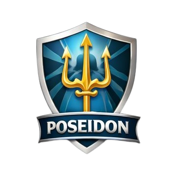 A shield-shaped emblem featuring a blue background with a golden trident in the center and the word 'POSEIDON' on a ribbon banner at the bottom.