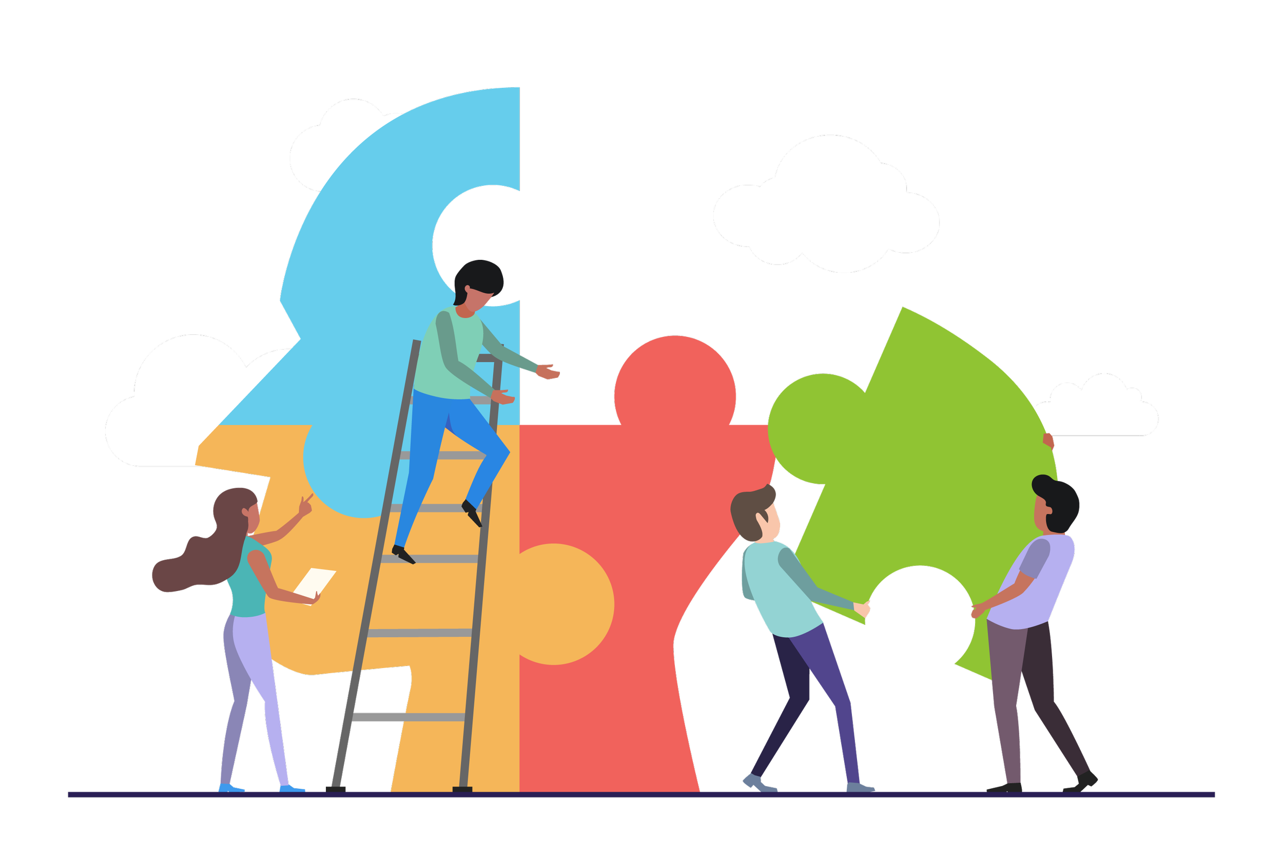 Illustration of four diverse people working together to assemble large puzzle pieces in blue, yellow, red, and green.