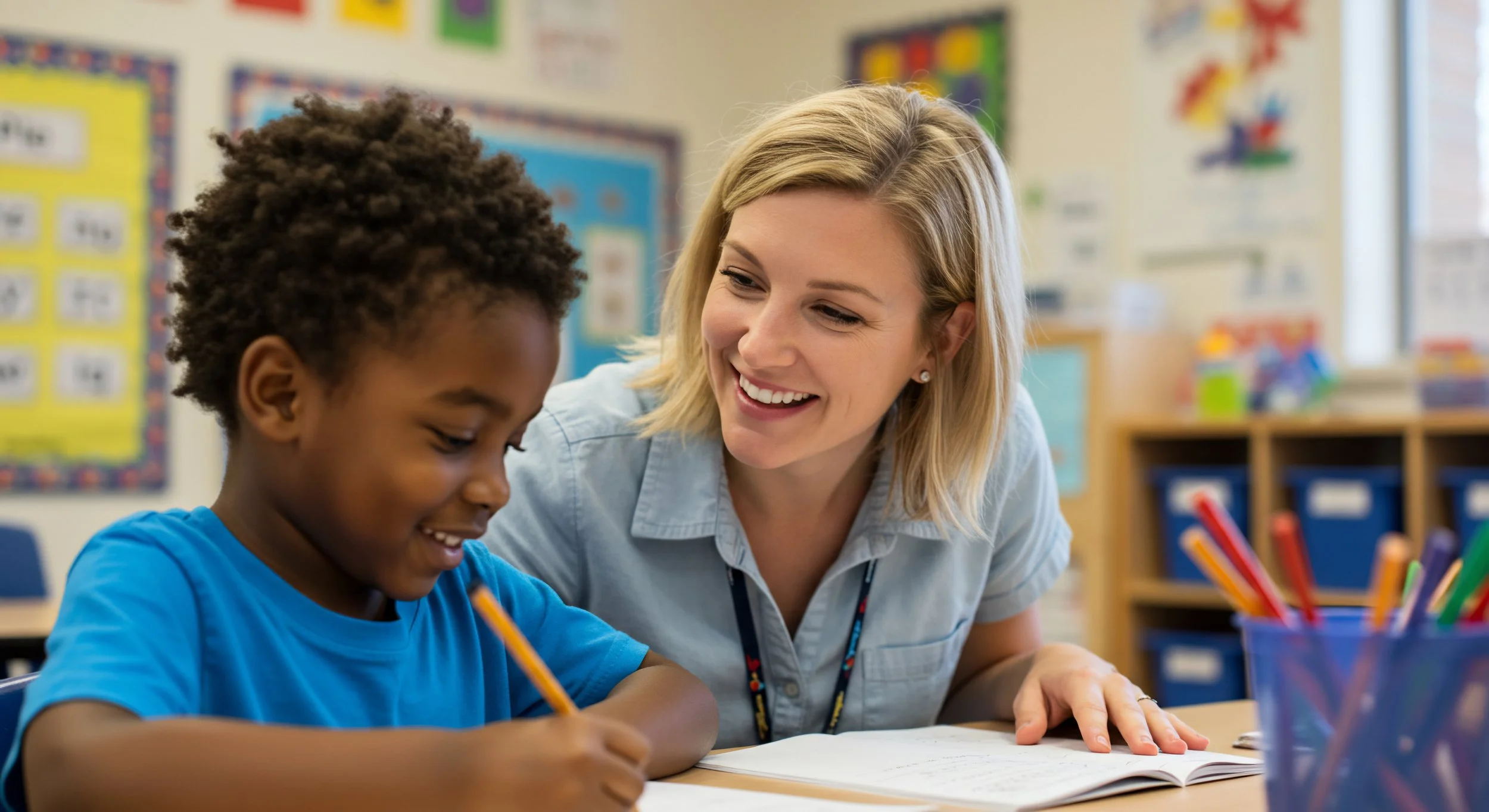 A teacher assisting a young student with writing in a classroom setting.
