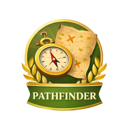 A badge with a compass, a map, and the word 'PATHFINDER' on a ribbon.