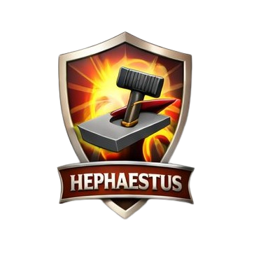 A Clash of Clans Town Hall with an embossing shield, a hammer, and fiery background.