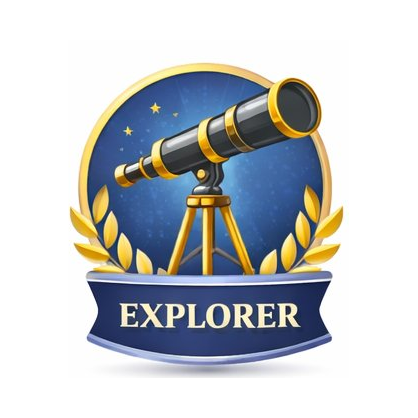 A badge with a telescope and stars, surrounded by gold laurel leaves, and the word 'EXPLORER' at the bottom.