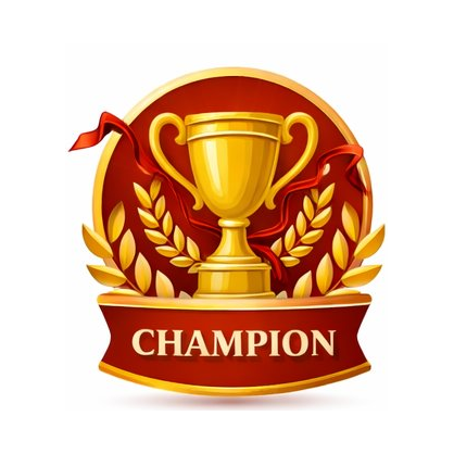 Gold trophy with handles on a red and gold background, surrounded by laurel branches, with a banner reading 'Champion' at the bottom.