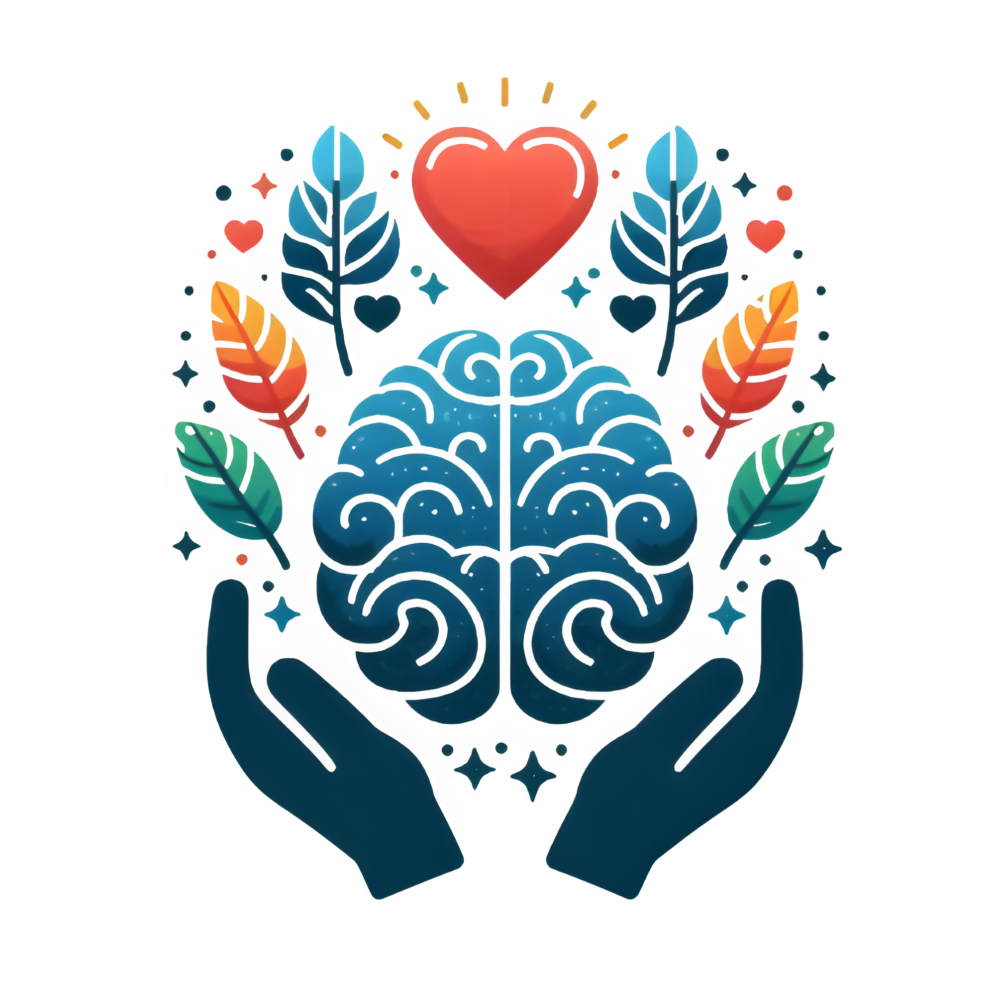 Illustration of a brain encased in two hands, surrounded by colorful leaves, hearts, and stars, with a large red heart above the brain.
