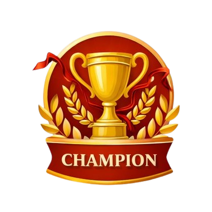 Gold trophy with laurel wreath and red ribbon, labeled 'Champion.'