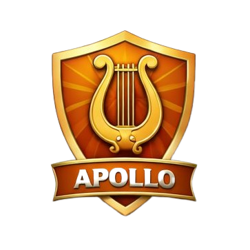 A logo featuring a gold lyre inside a shield with orange and gold colors, and a banner below with the text 'APOLLO'.