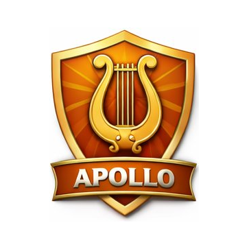 Shield-shaped logo with a golden lyre and the word 'APOLLO' on a banner.