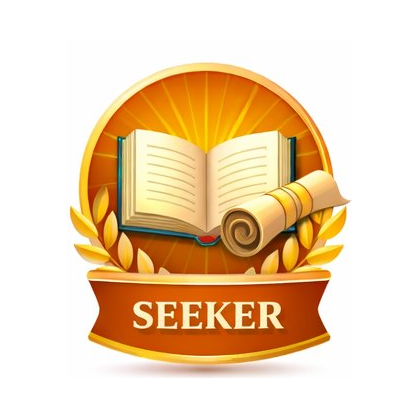 An open book with a rolled scroll beneath it, surrounded by laurel leaves, with a sunset or radiant background and the word SEEKER on a ribbon banner.