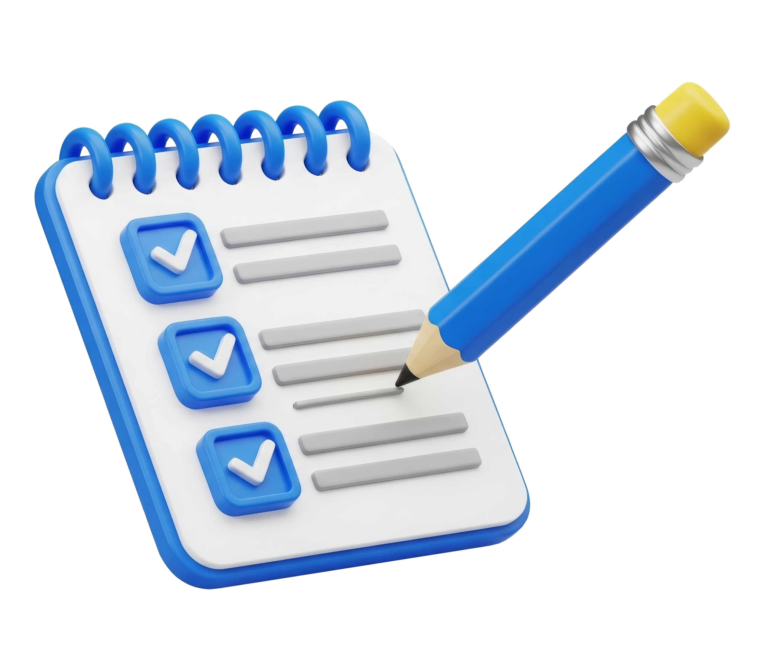 A 3D illustration of a checklist with three checked boxes and a blue pen writing on a notepad with multiple lines.