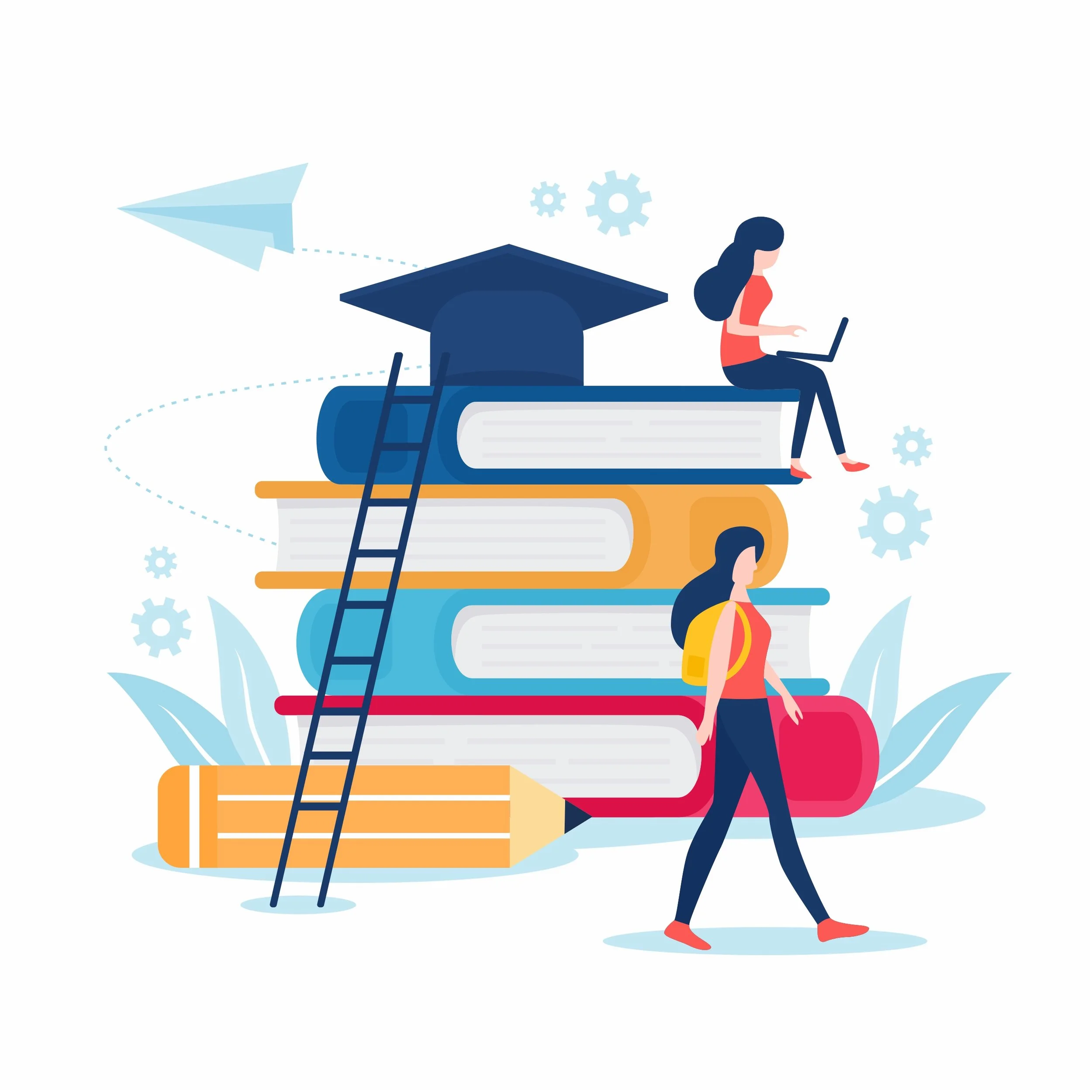 Illustration of stacked books with a graduation cap, ladder, and a pencil, featuring three women. One woman is walking, another is sitting on the books working on a laptop.