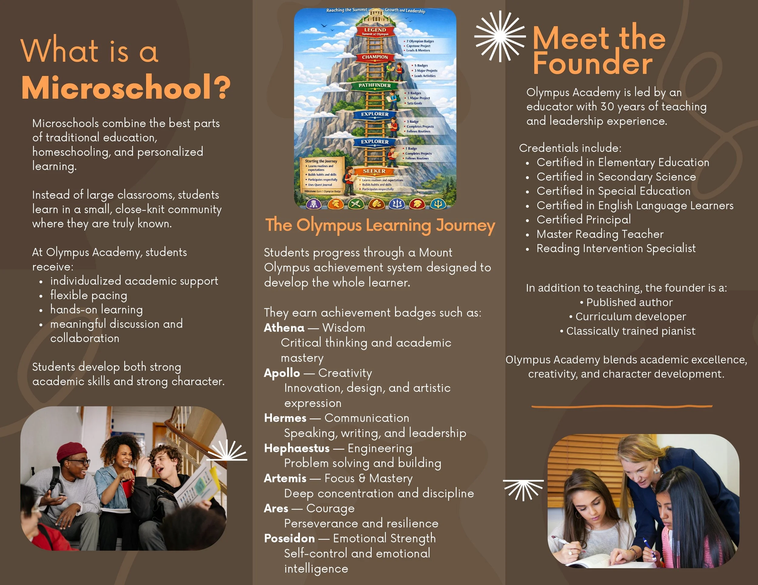 Informational brochure about microschools, including a diagram of the Olympus Learning Journey, a description of Olympus Academy, and photos of students and a teacher working together.