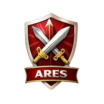 A shield emblem with red and silver colors, featuring two crossed swords at the center and the word 'ARES' at the bottom.