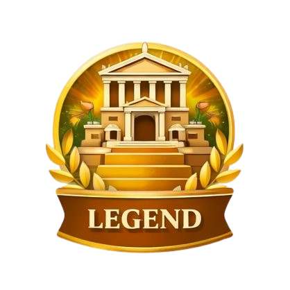 Illustration of a classical building with columns, set behind a banner labeled 'LEGEND' with laurel leaves, symbolizing achievement or honor.