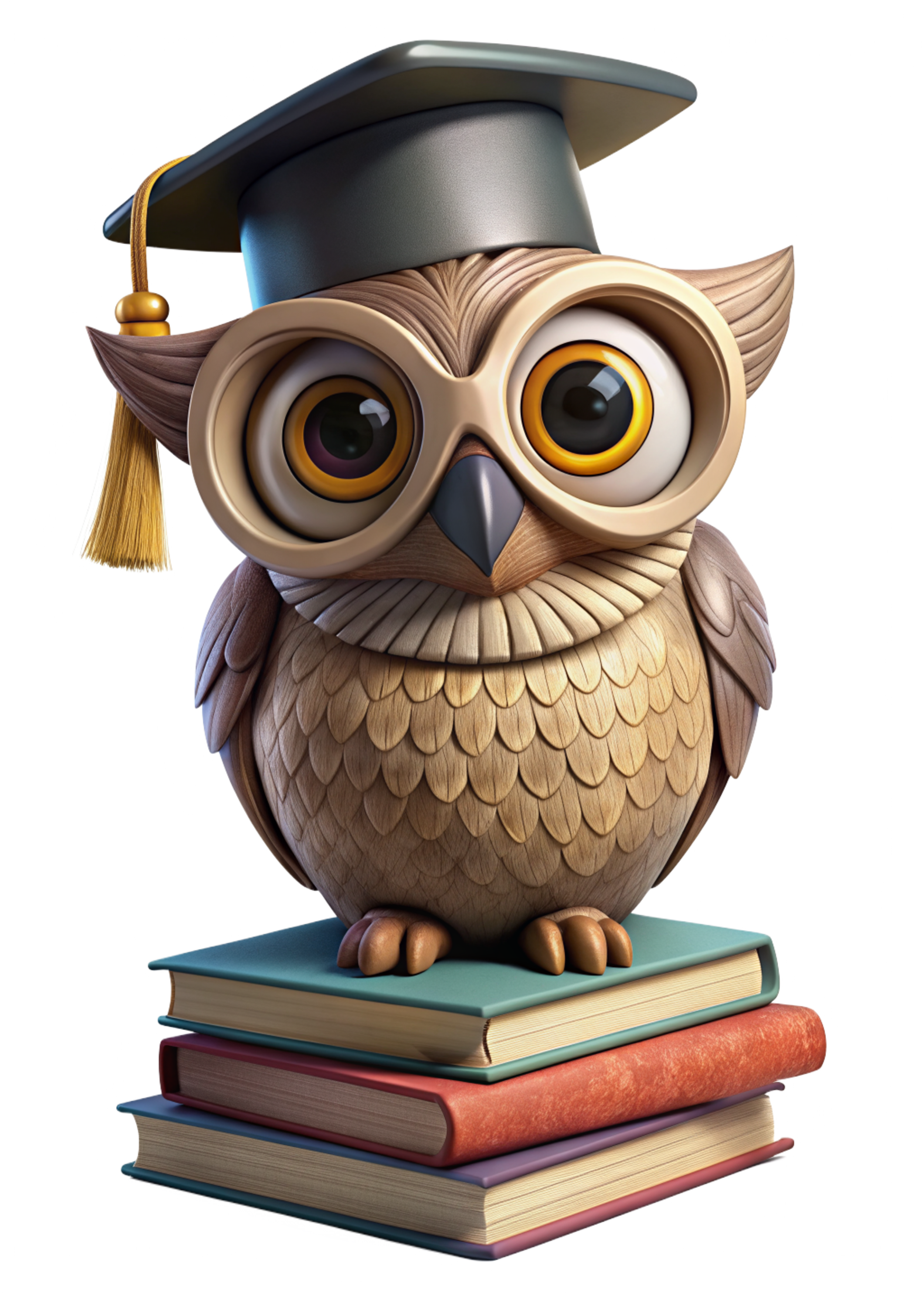 Cartoon owl wearing graduation cap and glasses, standing on a stack of books.
