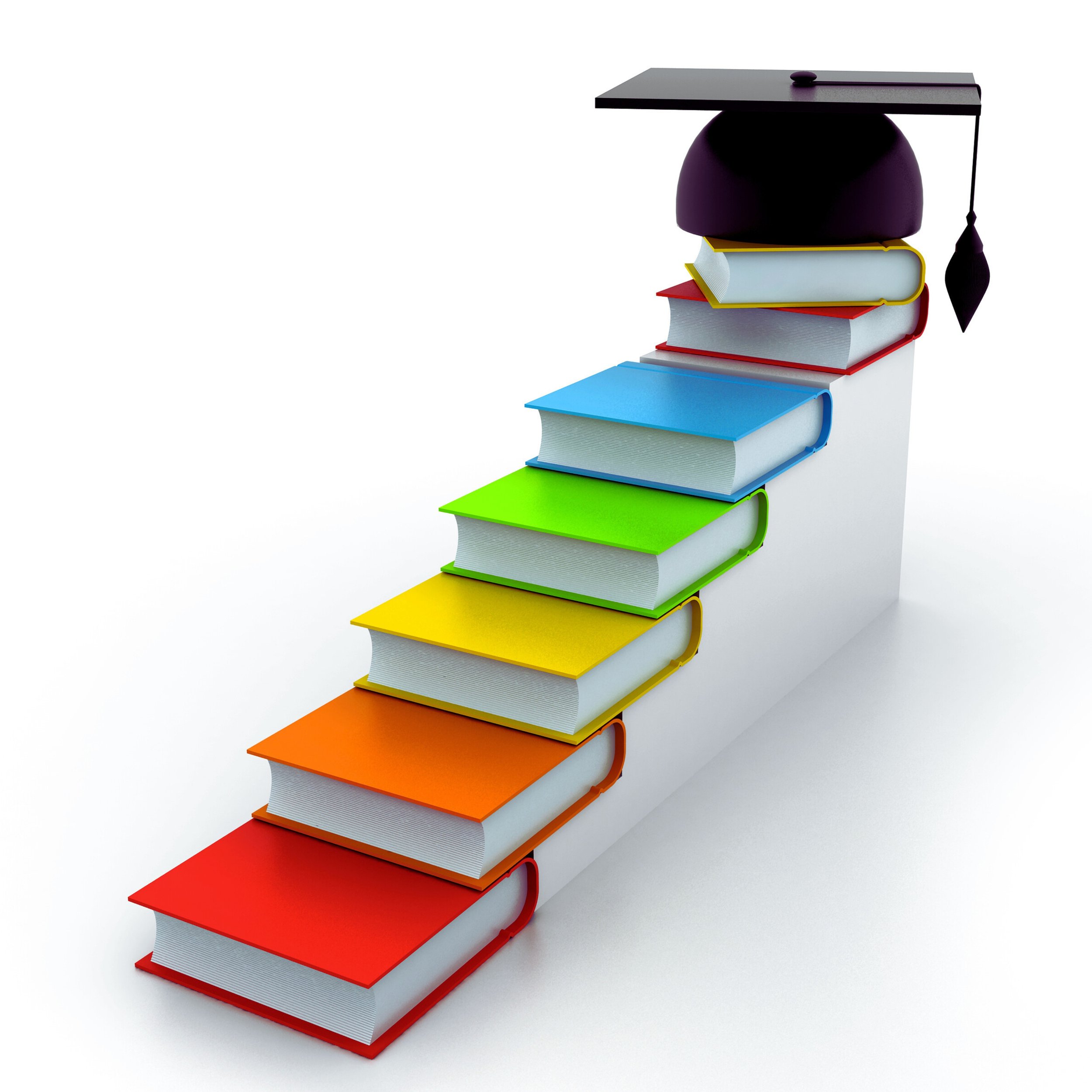 Stack of colorful books arranged as a staircase leading up to a graduation cap with a tassel, on a white background.