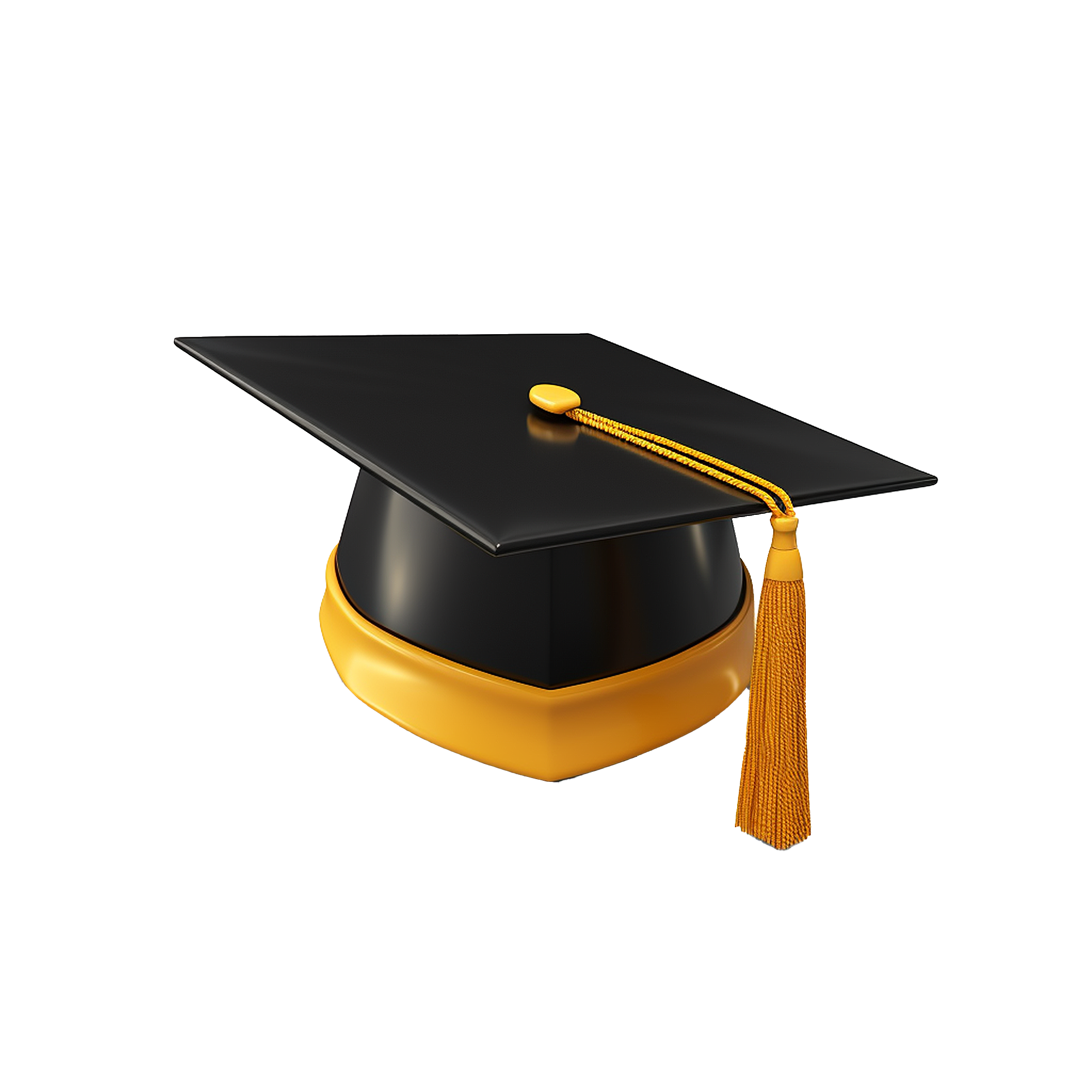 Graduation cap with black mortarboard and yellow tassel.