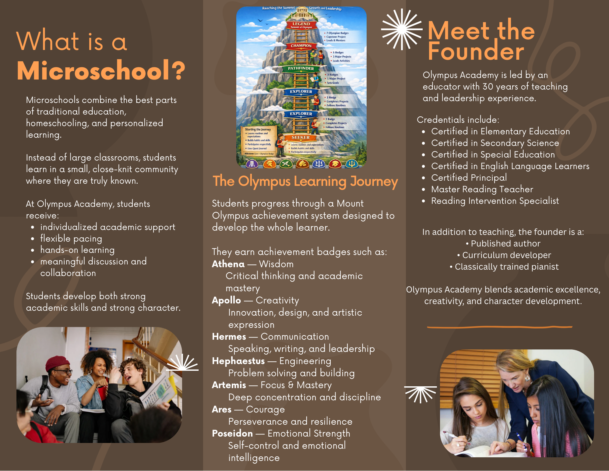 A colorful infographic about what a microschool is, featuring the Olympus Learning Journey mountain with badges for different achievement levels. The infographic includes details about Olympus Academy, its founder's credentials, and the benefits for students, along with photos of students and teachers engaged in activities.