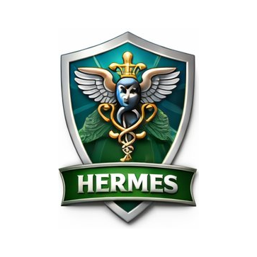 Hermes logo featuring a shield with a winged staff and a caduceus, and a green ribbon with the word 'HERMES'.