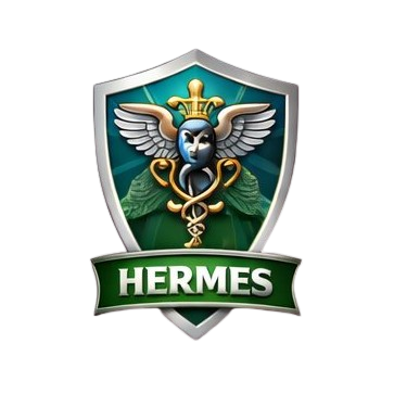 A shield-shaped emblem featuring a winged snake wrapped around a staff, with a crown on top and the word 'Hermes' on a green banner at the bottom.