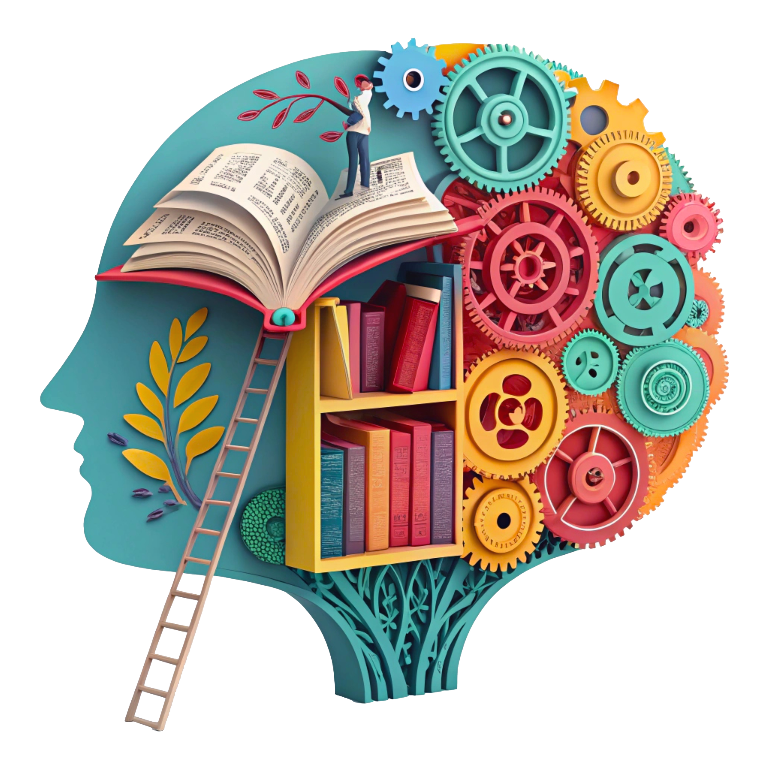 A colorful digital illustration of a human head with gears, books, and a small figure on top, symbolizing knowledge and mental processes.